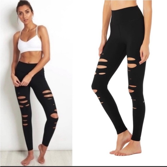ALO YOGA  high rise slit warrior black ripped Leggings - Picture 1 of 12